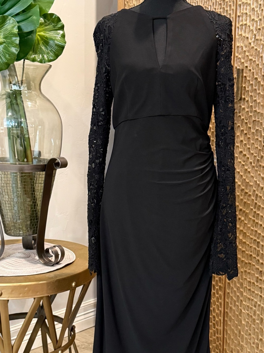 NWT Betsy & Adam Dress Elegant Black Midi Long-Sleeve Lace Sequins Size 10